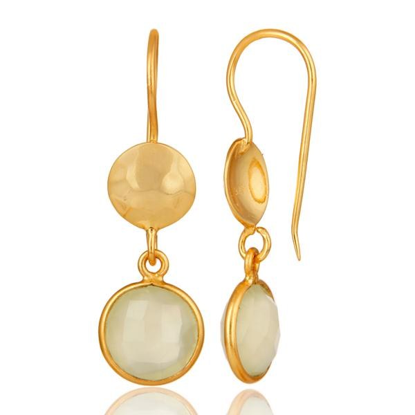 Suppliers 18K Yellow Gold Plated Sterling Silver Prehnite Chalcedony Disc Dangle Earrings