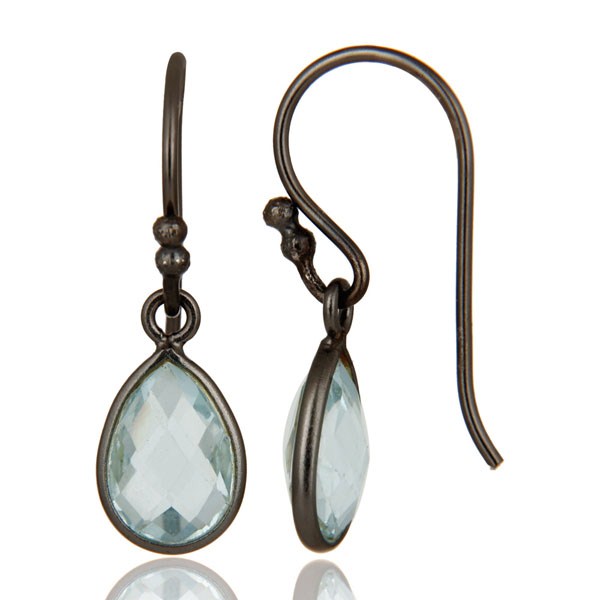 Suppliers 925 Sterling Silver With Oxidized Blue Topaz Gemstone Bezel Set Dangle Earrings