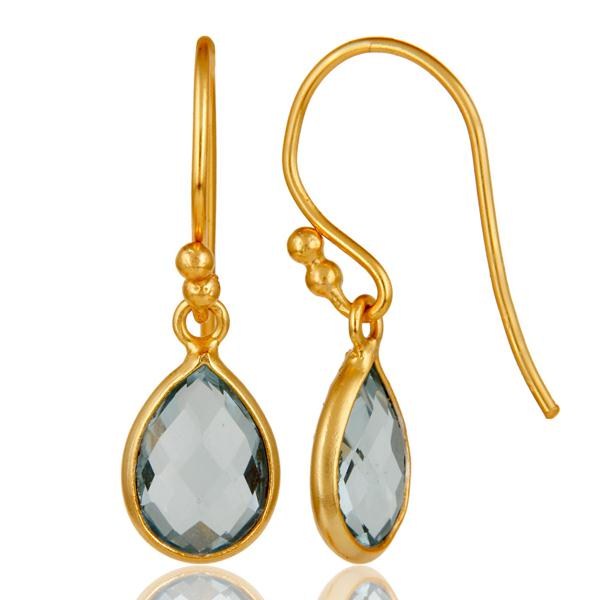 Suppliers 18k Gold Plated Sterling Silver Blue Topaz Gemstone Bezel Set Dangle Earrings