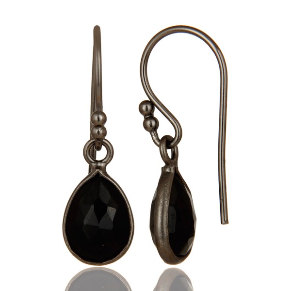 Suppliers Oxidized Sterling Silver Faceted Black Onyx Gemstone Bezel Set Teardrop Earrings