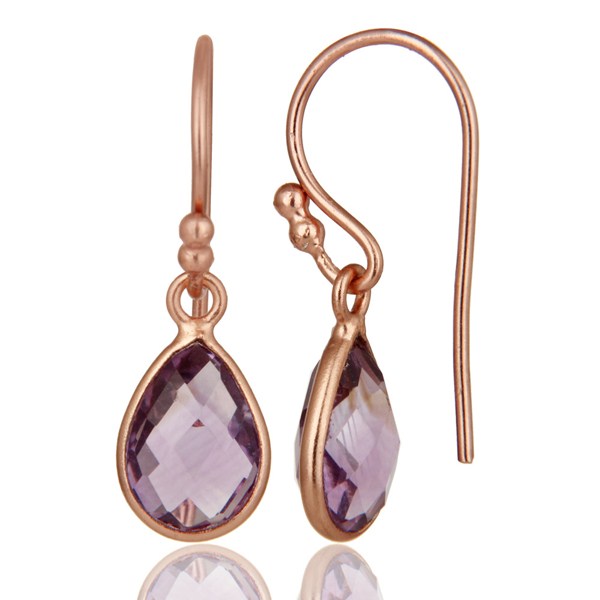 Suppliers 18K Rose Gold Plated Sterling Silver Amethyst Gemstone Bezel Dangle Earrings