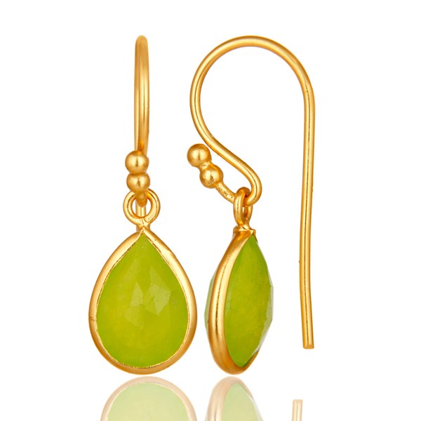 Suppliers 18K Yellow Gold Plated Sterling Silver Green Chalcedony Bezel Set Dangle Earring