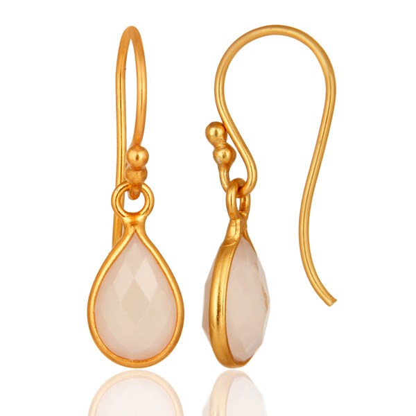 Suppliers 18K Yellow Gold Plated Sterling Silver Rose Chalcedony Bezel Set Dangle Earrings