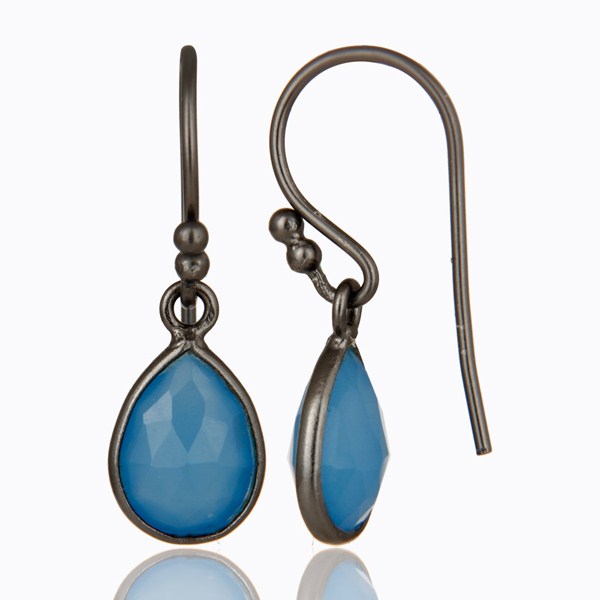 Suppliers Oxidized Sterling Silver Faceted Blue Chalcedony Bezel Set Teardrop Earrings