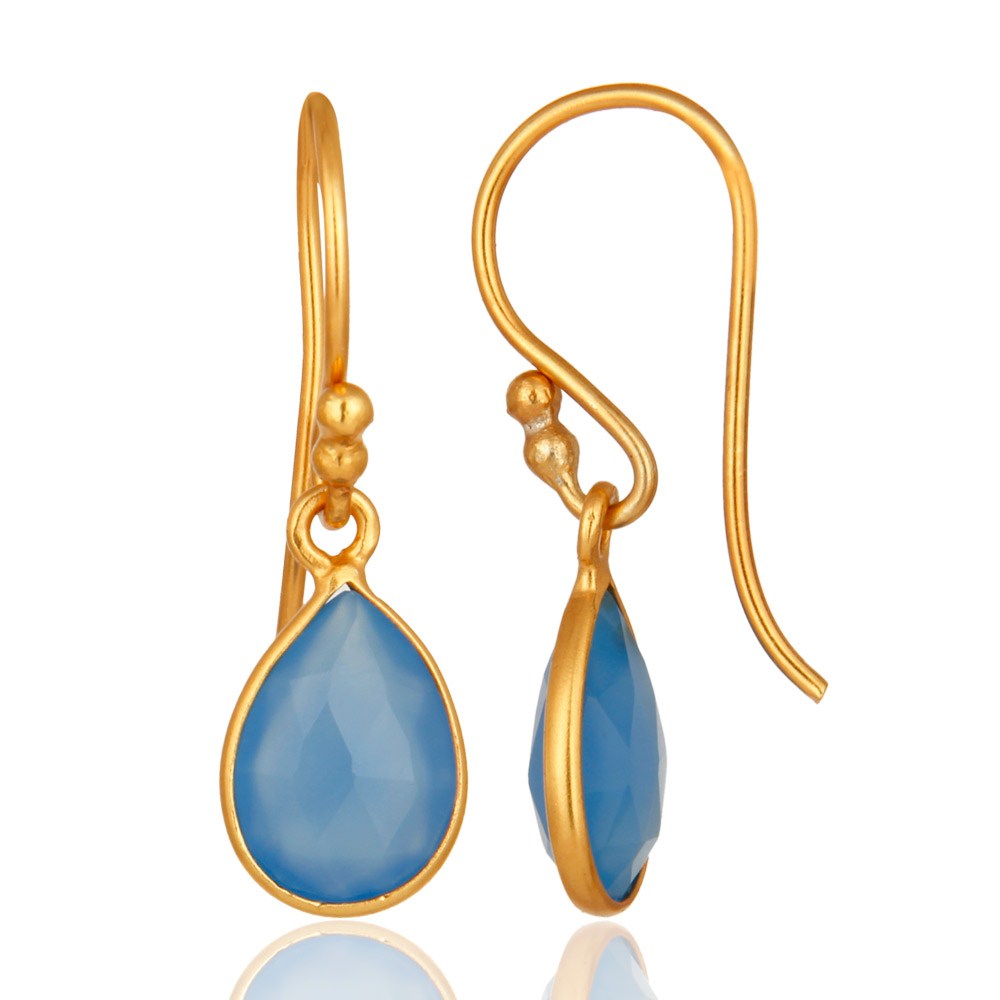 Suppliers Faceted Dyed Chalcedony Gemstone Sterling Silver Drop Earrings - Gold Plated