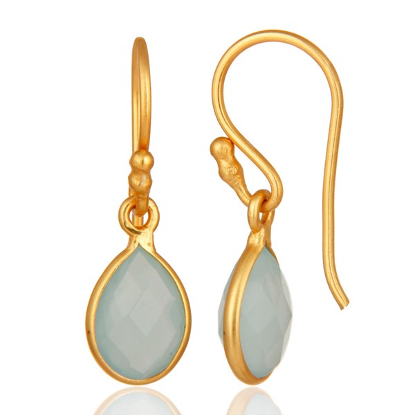 Suppliers 18K Yellow Gold Plated Dyed Aqua Chalcedony Gemstone Bezel Set Drop Earrings