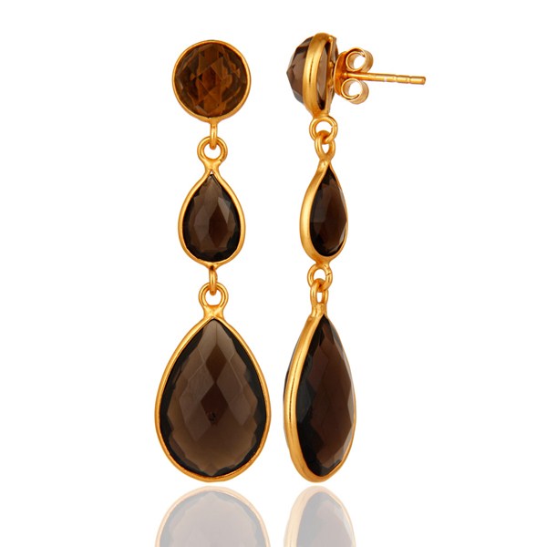 Suppliers Natural Smoky Quartz Faceted Bezel Set Teardrop Earrings In Gold Plated Silver