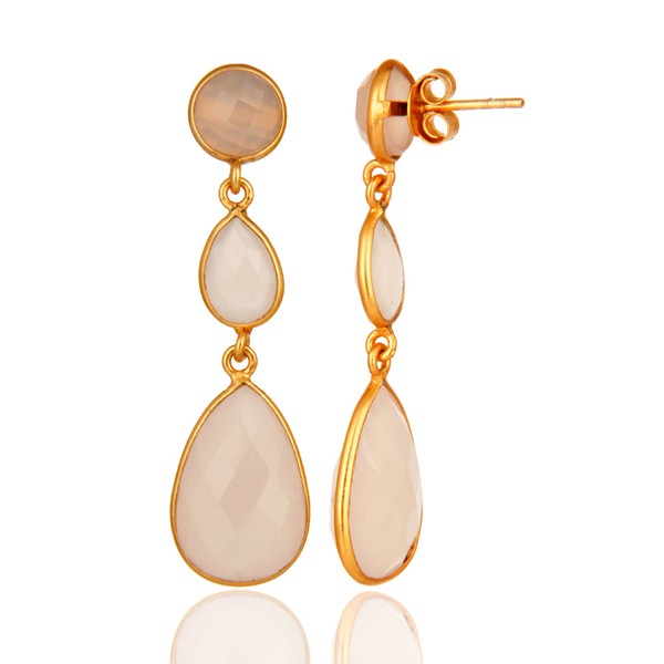 Suppliers Gold Plated 925 Silver Faceted Dyed Rose Chalcedony Bezel-Set Dangle Earrings