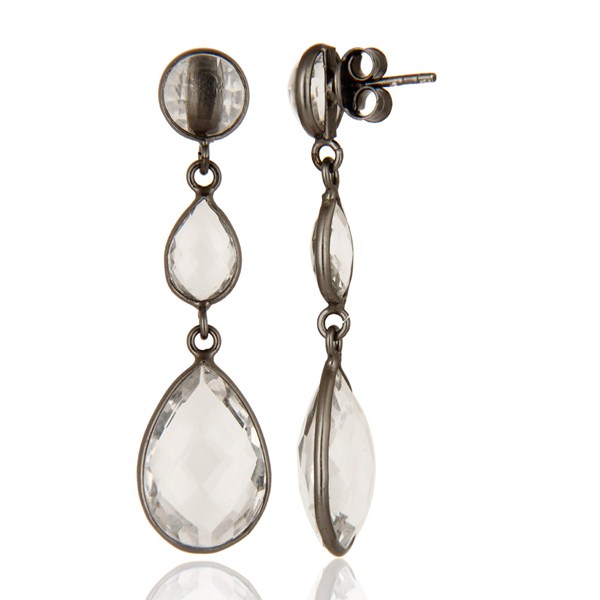 Suppliers Oxidized Solid Sterling Silver Crystal Quartz Gemstone Bezel Set Dangle Earrings