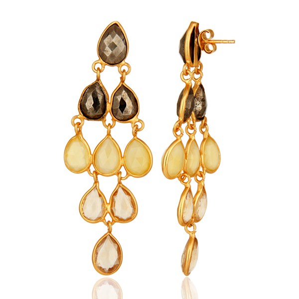Suppliers 18K Yellow Gold Plated Sterling Silver Citrine And Chalcedony Chandelier Earring