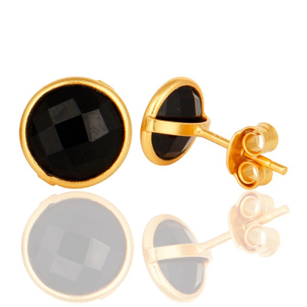 Suppliers Faceted Black Onyx Gemstone Sterling Silver Round Stud Earrings - Gold Plated