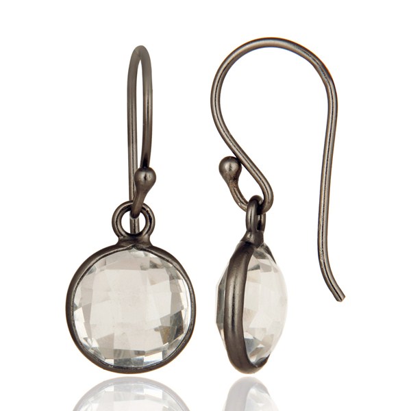 Suppliers Oxidized Sterling Silver Crystal Quartz Round Cut Bezel Set Dangle Earrings