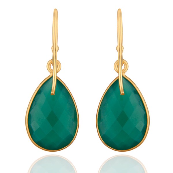 Suppliers 925 Sterling Silver Faceted Green Onyx Gemstone Drop Earrings - Gold Plated