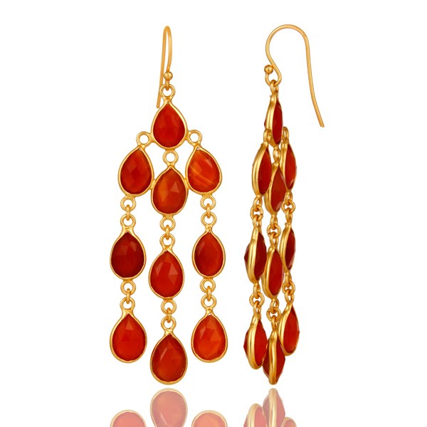 Suppliers 18K Yellow Gold Plated Sterling Silver Red Onyx Gemstone Chandelier Earrings