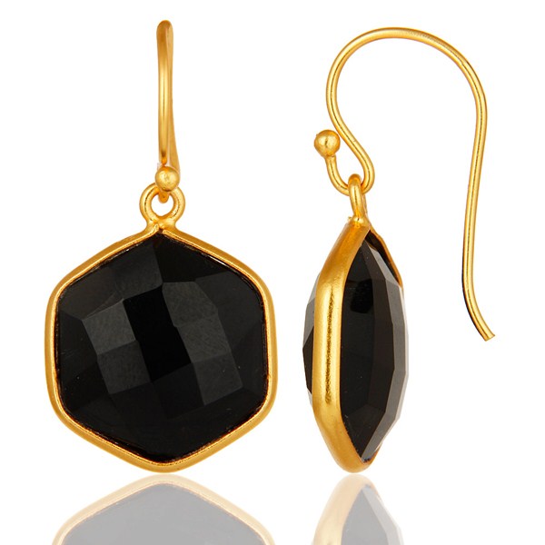 Suppliers 18K Yellow Gold Plated Sterling Silver Black Onyx Gemstone Drop Earrings
