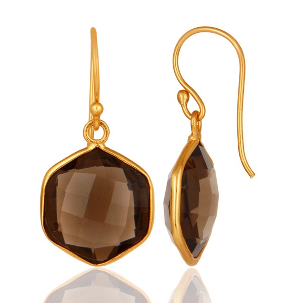 Suppliers Smoky Quartz Faceted Hexagon Shaped 18K Gold On Sterling Silver Dangle Earrings