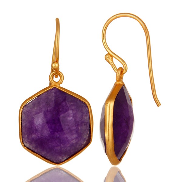 Suppliers 18K Yellow Gold Plated Sterling Silver Purple Chalcedony Bezel Set Hook Earrings