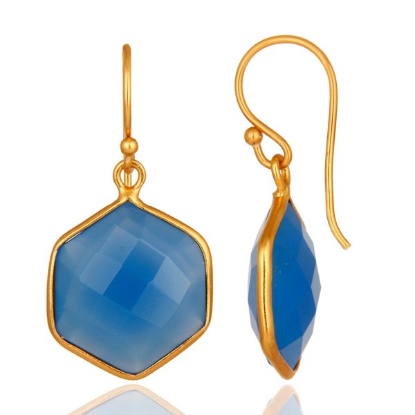 Suppliers Dyed Blue Chalcedony Faceted 18K Gold Over 925 Silver Bezel-Set Dangle Earrings