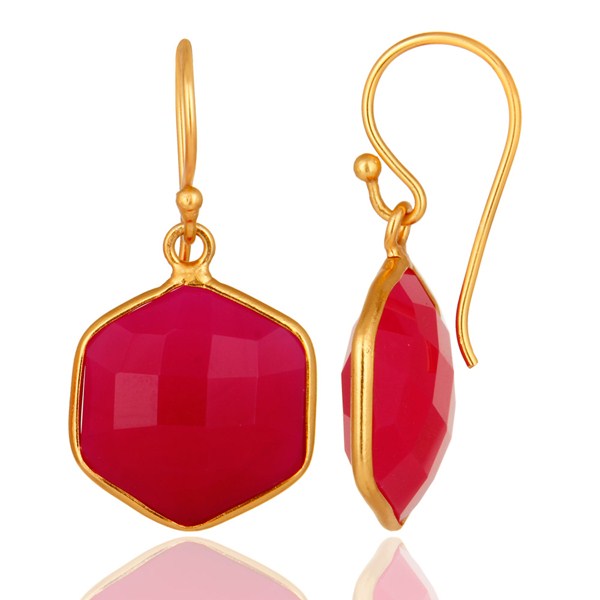 Suppliers 18K Gold On Sterling Silver Faceted Dyed Pink Chalcedony Bezel-Set Drop Earrings