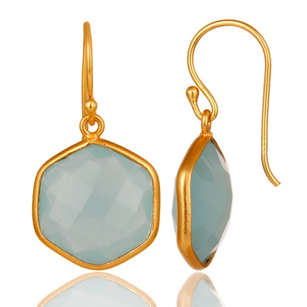 Suppliers 18K Gold On Sterling Silver Faceted Aqua Glass Bezel-Set Drop Earrings