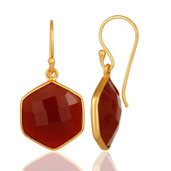 Suppliers 22ct Gold Plated Sterling Silver Faceted Red Onyx Hexagonal Drop Earrings