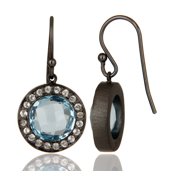 Suppliers Oxidized Sterling Silver Blue Topaz And White Topaz Halo Dangle Earrings