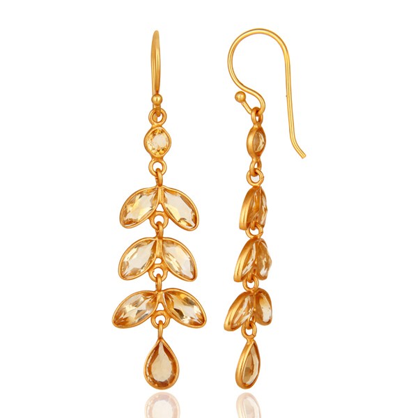 Suppliers 18K Yellow Gold Plated Sterling Silver Citrine Gemstone Leaf Dangle Earrings