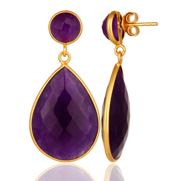 Suppliers 18K Gold Plated Faceted Purple Chalcedony Sterling Silver Bezel-Set Earrings