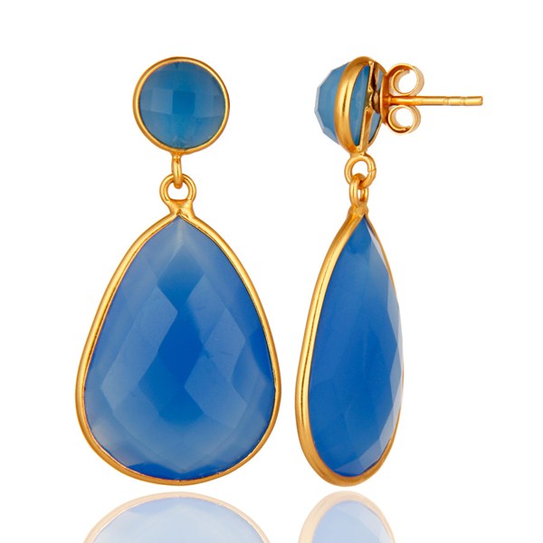 Suppliers Gold Plated Sterling Silver Faceted Blue Chalcedony Gemstone Bezel Set Earrings