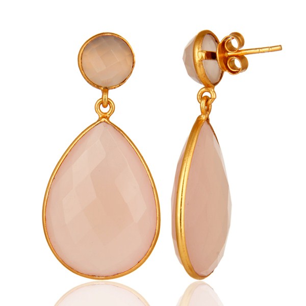 Suppliers Gold Plated Rose Chalcedony Gemstone Bezel-Set Drop Earrings