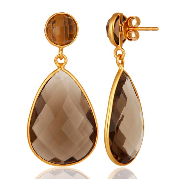 Suppliers Faceted Smoky Quartz Gemstone Sterling Silver Drop Dangle Earrings - Gold Plated