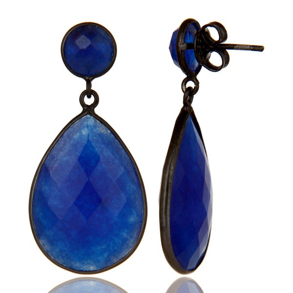Suppliers Oxidized Sterling Silver Faceted Blue Aventurine Bezel Set Double Drop Earrings