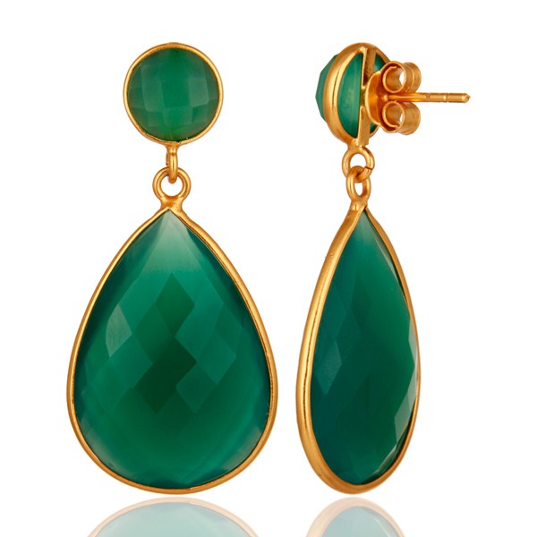 Suppliers 18K Yellow Gold Plated Sterling Silver Faceted Green Onyx Dangle Earrings