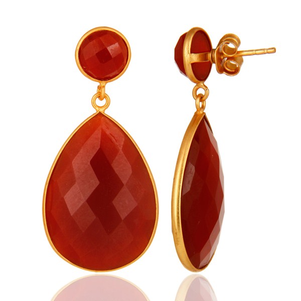 Suppliers 925 Sterling Silver Faceted Red Onyx Gemstone Drop Earrings - Gold Plated