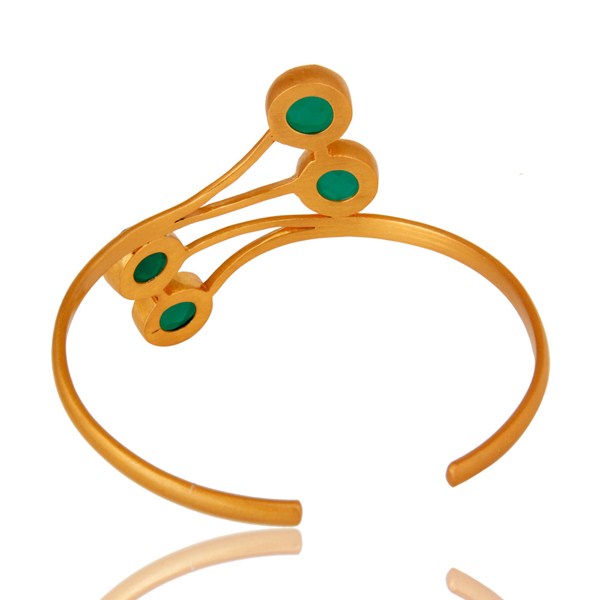 Designers 14K Yellow Gold Plated Green Onyx Gemstone Bangle Cuff Bracelet