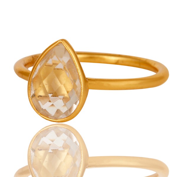 Suppliers 18K Gold Plated 925 Silver Natural Crystal Quartz Pear Shape Gemstone Stack Ring