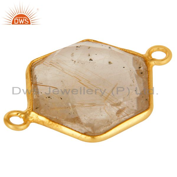 Suppliers Bezel-Set Golden Rutilated Quartz Gemstone Gold Plated Sterling Silver Connector