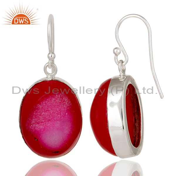 Suppliers 925 Sterling Silver Pink Druzy Agate Bezel Set Dangle Earrings