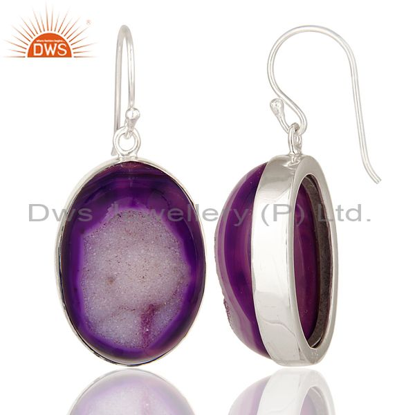 Suppliers 925 Solid Sterling Silver Purple Druzy Agate Bezel Set Dangle Hook Earrings