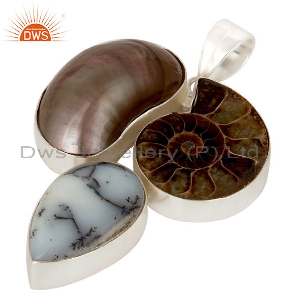Suppliers Natural Mabe Pearl, Dendritic Opal And Ammonite Solid Sterling Silver Pendant