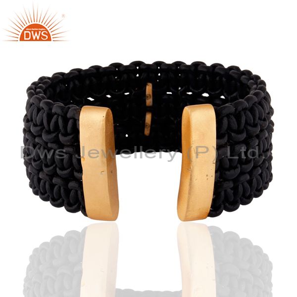 Suppliers Gold Plated Handmade Black Leather Wrap Fashion Cuff