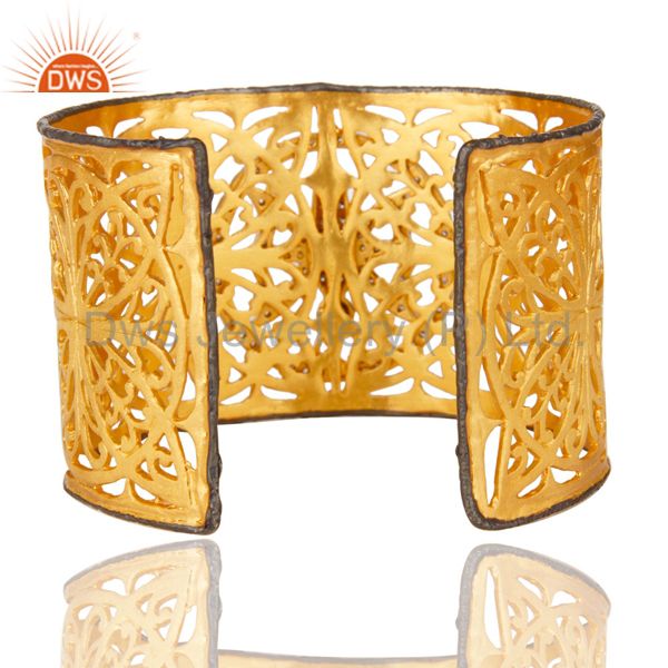 Exporter 22K Yellow Gold Plated Filigree Butterfly Hammered Wide Cuff Bracelet With CZ