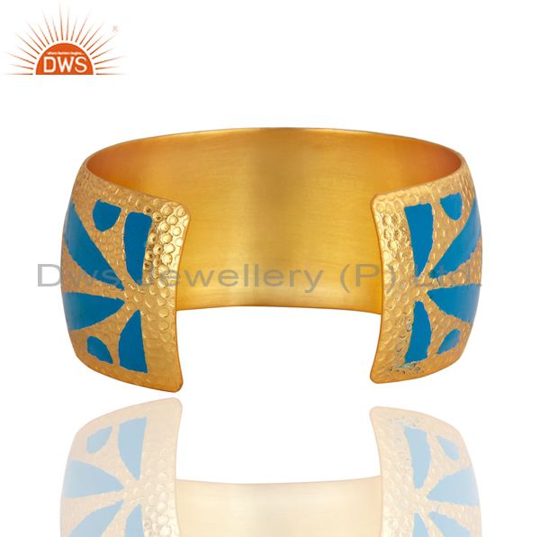 Suppliers Handmade Hammered 22k Gold Plated Wide Cuff Bracelet Bangle With Enamel Jewelry