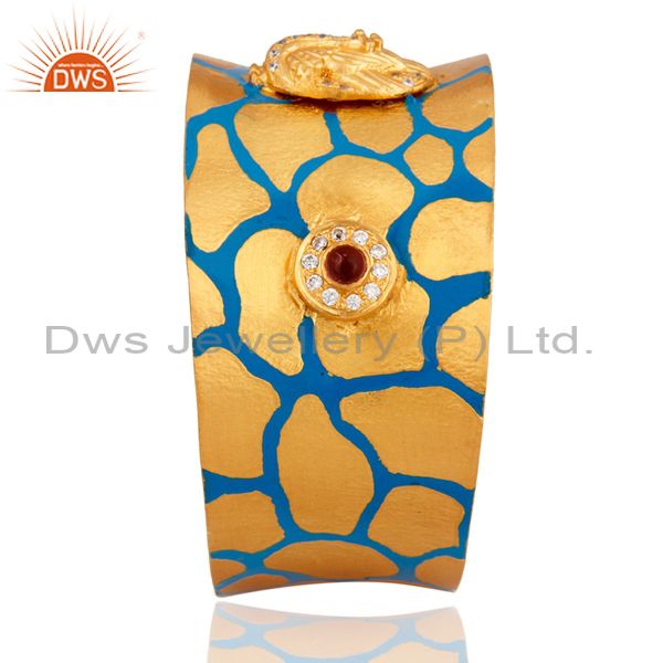 Suppliers 24-karat Yellow Gold Plated CZ Hand-Painted Enamel Womens Cuff Bracelets Bangle