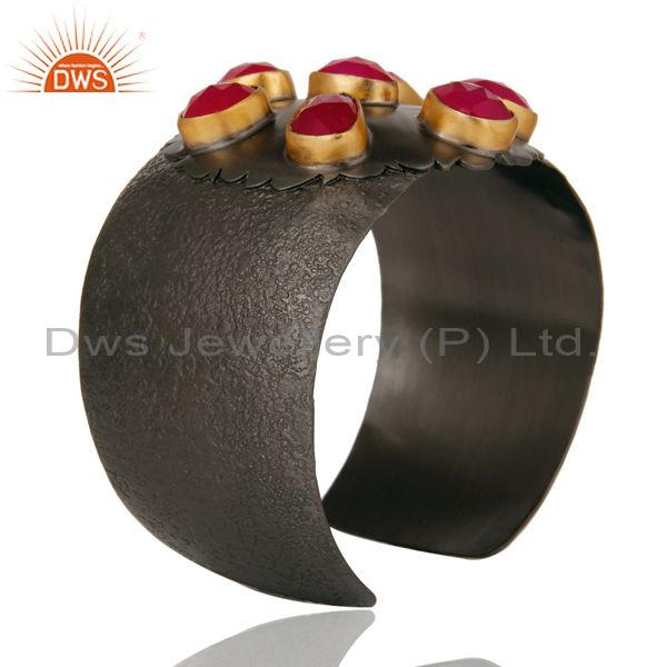 Suppliers Pink Chalcedony Black Oxidized Handmade Cuff Fashion Jewelry Textured Bangle