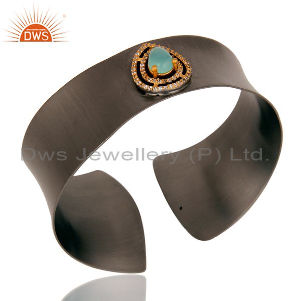 Suppliers Black Oxidized Comfort Fit Wide Cuff Made With Aqua Chalcedony and Zircon