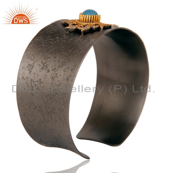 Suppliers Blue Chalcedony and Zircon Black Oxidized Comfort Fit Wide Cuff Unique Bangle