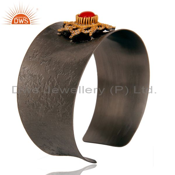 Suppliers Black Oxidized Comfort Fit Wide Cuff Unique Bangle with Coral and Zircon