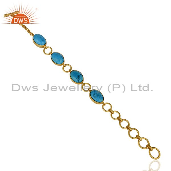 Suppliers 14K Gold Plated Handmade Natural Turquoise Adjustable Bracelet Made In Brass