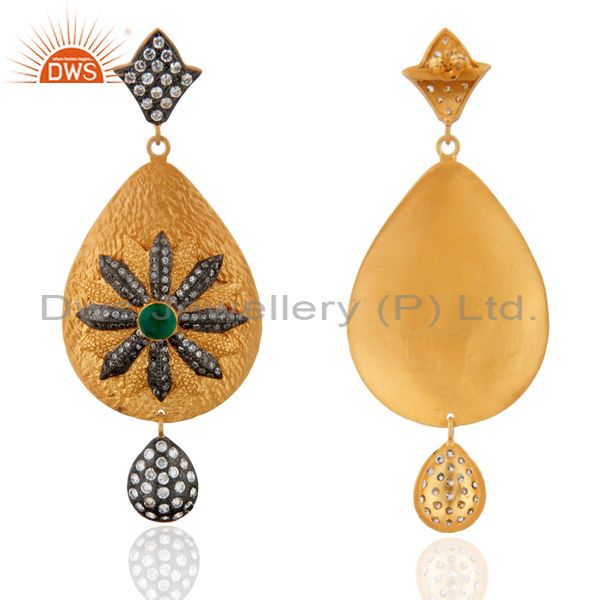 Suppliers 24K Yellow Gold Plated Green Onyx And White Zircon Antique Style Dangle Earrings